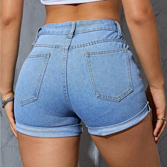 Shein Splash Ink Print Roll Up Hem Denim Shorts - Picture 3 of 8